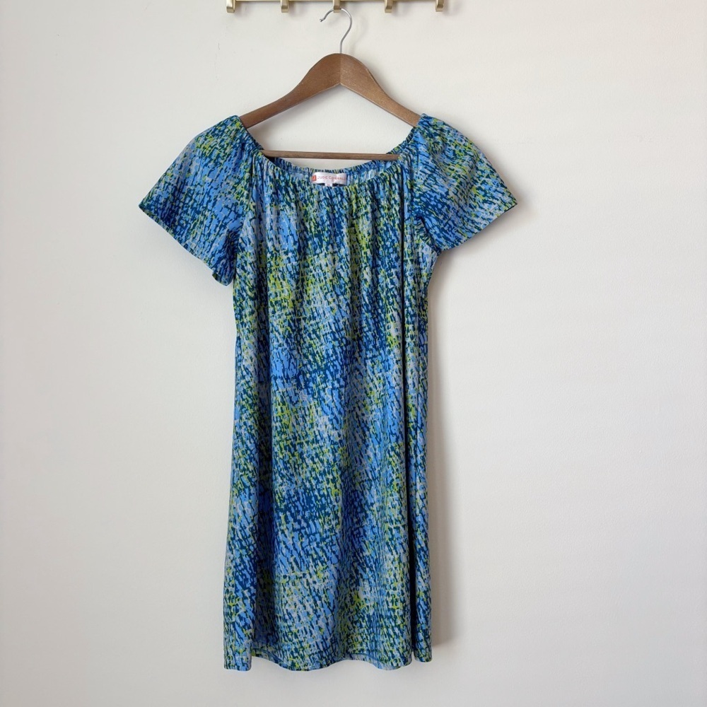 Jude Connally Blue Abstract Print Off Shoulder Shift Dress XS